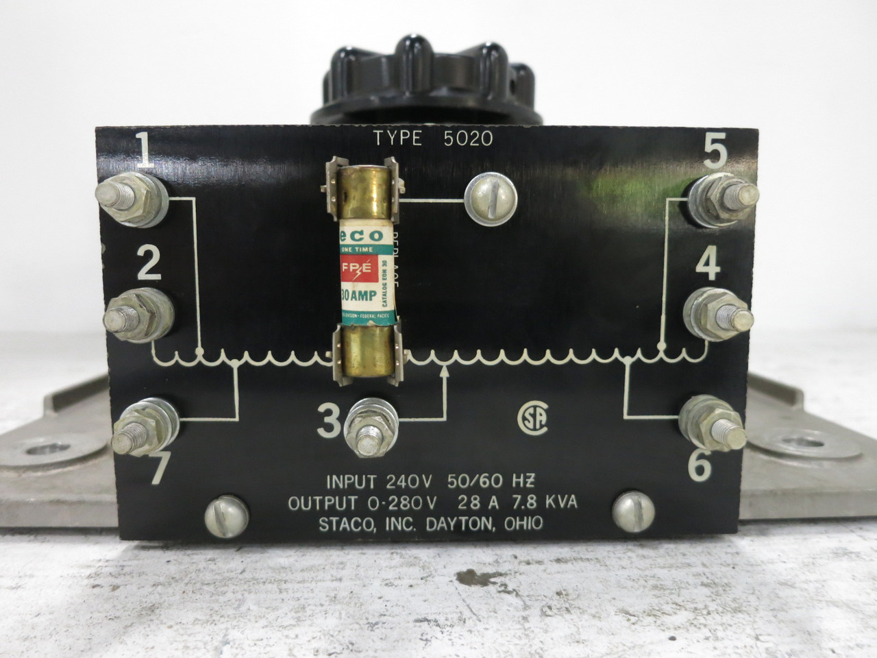 Staco Inc Type 5020 Variable Auto Transformer 7.8 kVA In 240V - Out 0-280V 28A (DW8726-1)
