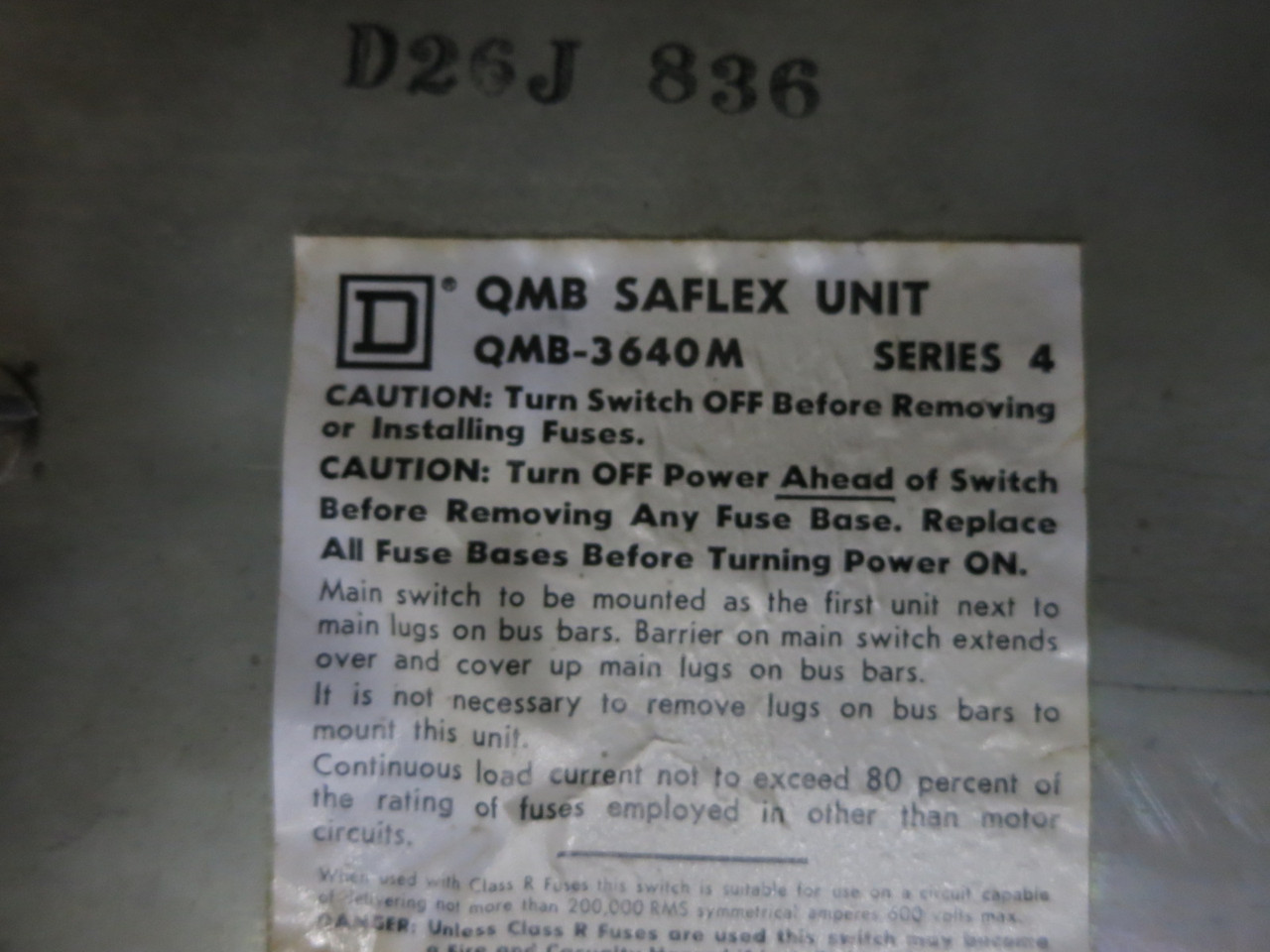 Square D QMB-3640-M 400A 600V Fusible QMB Saflex Panelboard Switch 400 Amp Ser 4 (DW8721-1)