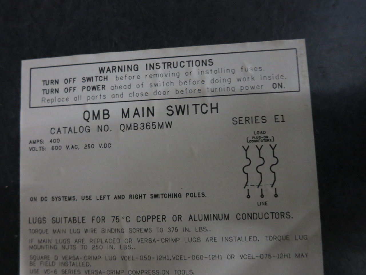 Square D QMB-365-MW 400A 600V Main Fusible Panelboard Switch QMB365MW 400 Amp E1 (DW8719-1)