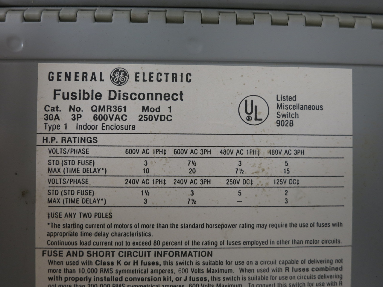 GE QMR361 30A 600V Twin Fusible Panelboard Switch Dual 30 Amp NO Hardware THFP (DW8728-1)