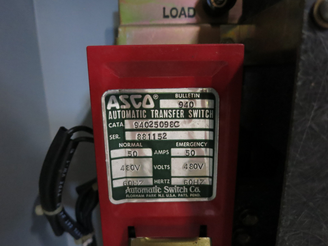 ASCO 94025098C 50A 480V Automatic Transfer Switch 1PH 2P 50 Amp ATS 940 480 VAC (DW8735-1)