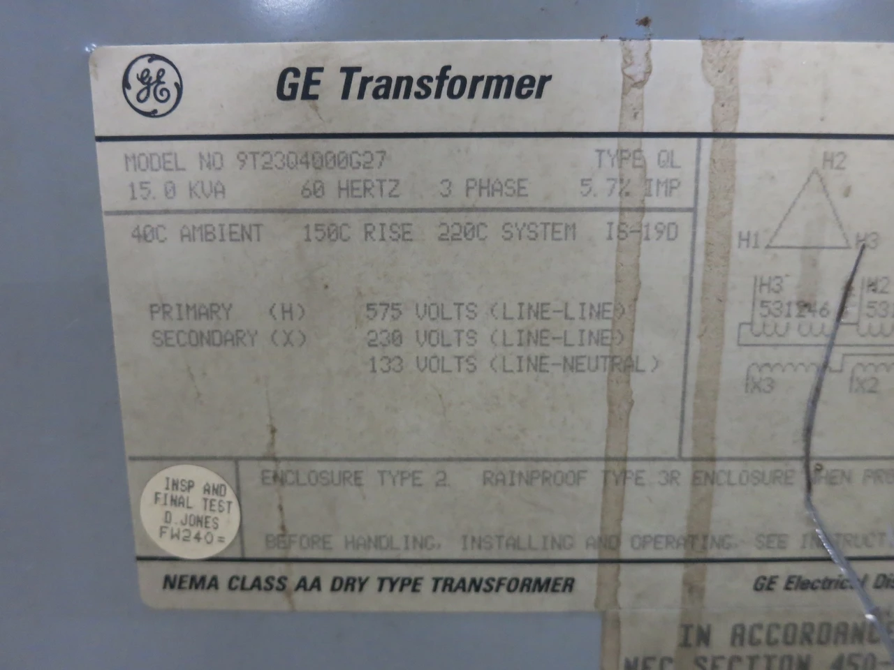 GE 15 kVA 575 Delta to 230Y/133 V 3PH Dry Type Transformer 575V - 230V (DW7775-1)