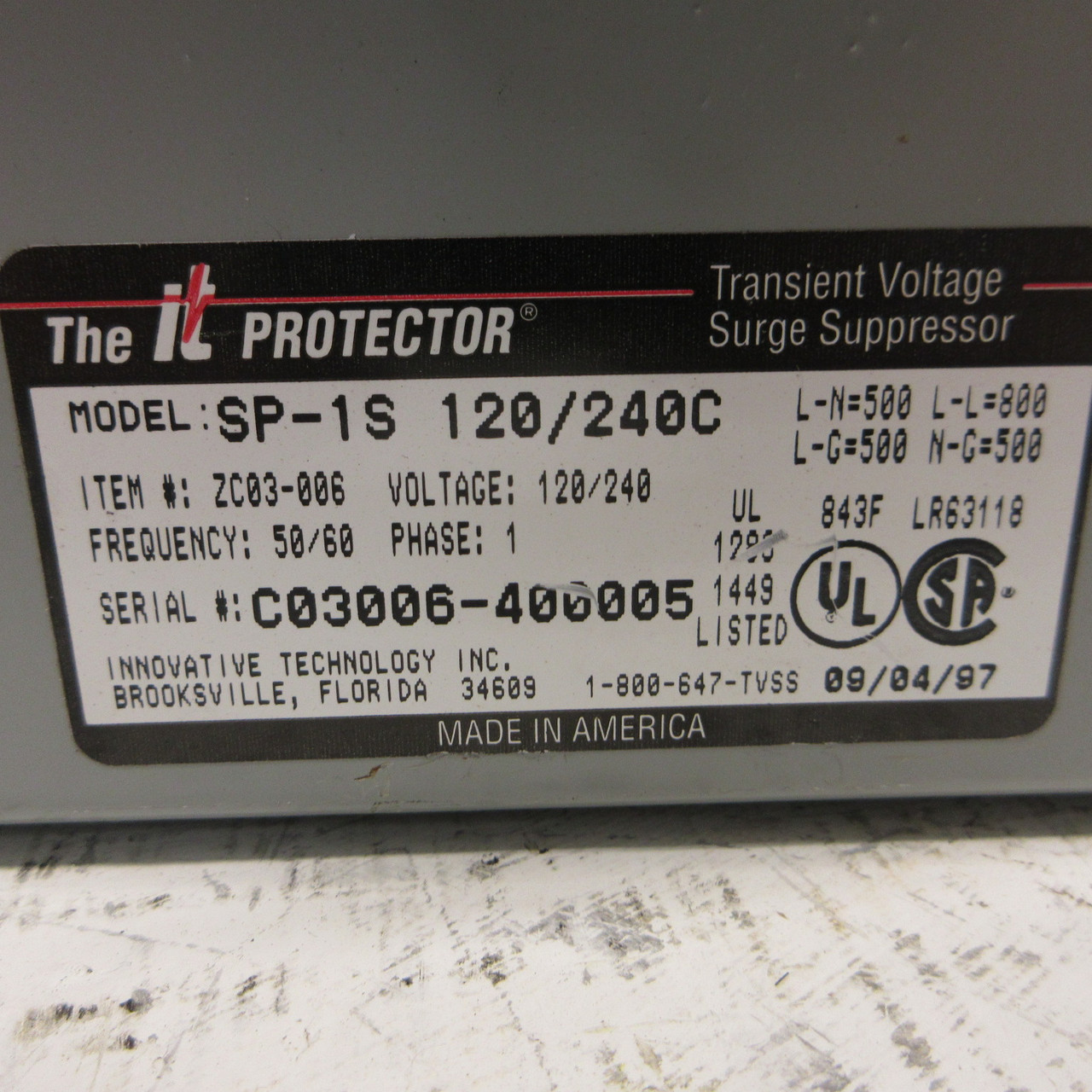 The IT Protector SP-1S 120/240C Transient Voltage Surge Suppressor 1PH ZC03-006 (AH1811-1)