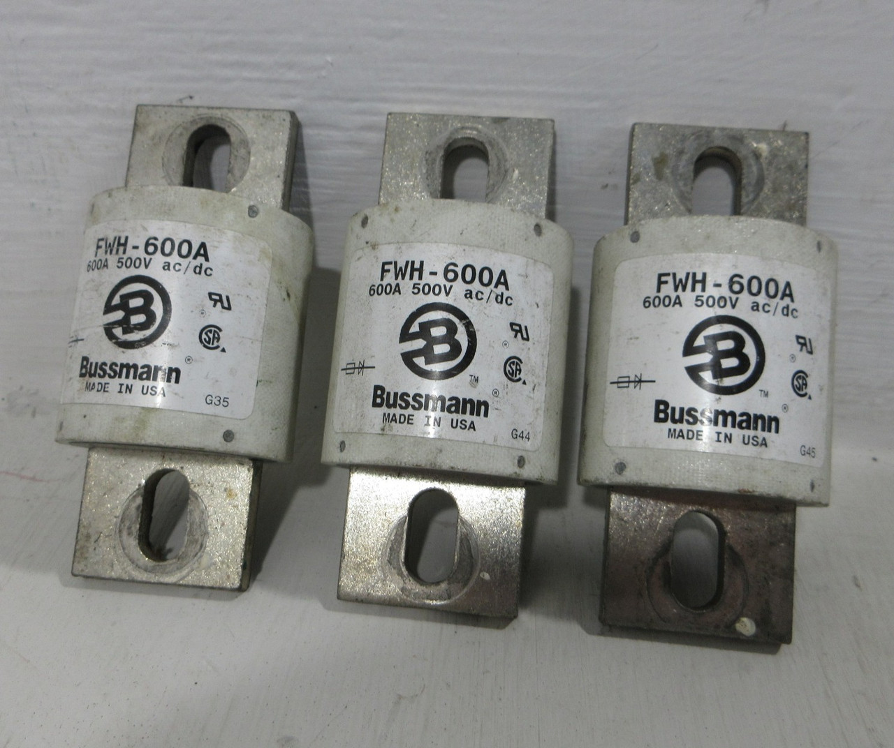 Image of (LOT OF 3) Bussmann FWH-600A 600A Fuses 500VAC/DC Made In USA 600 Amp 500 Volt