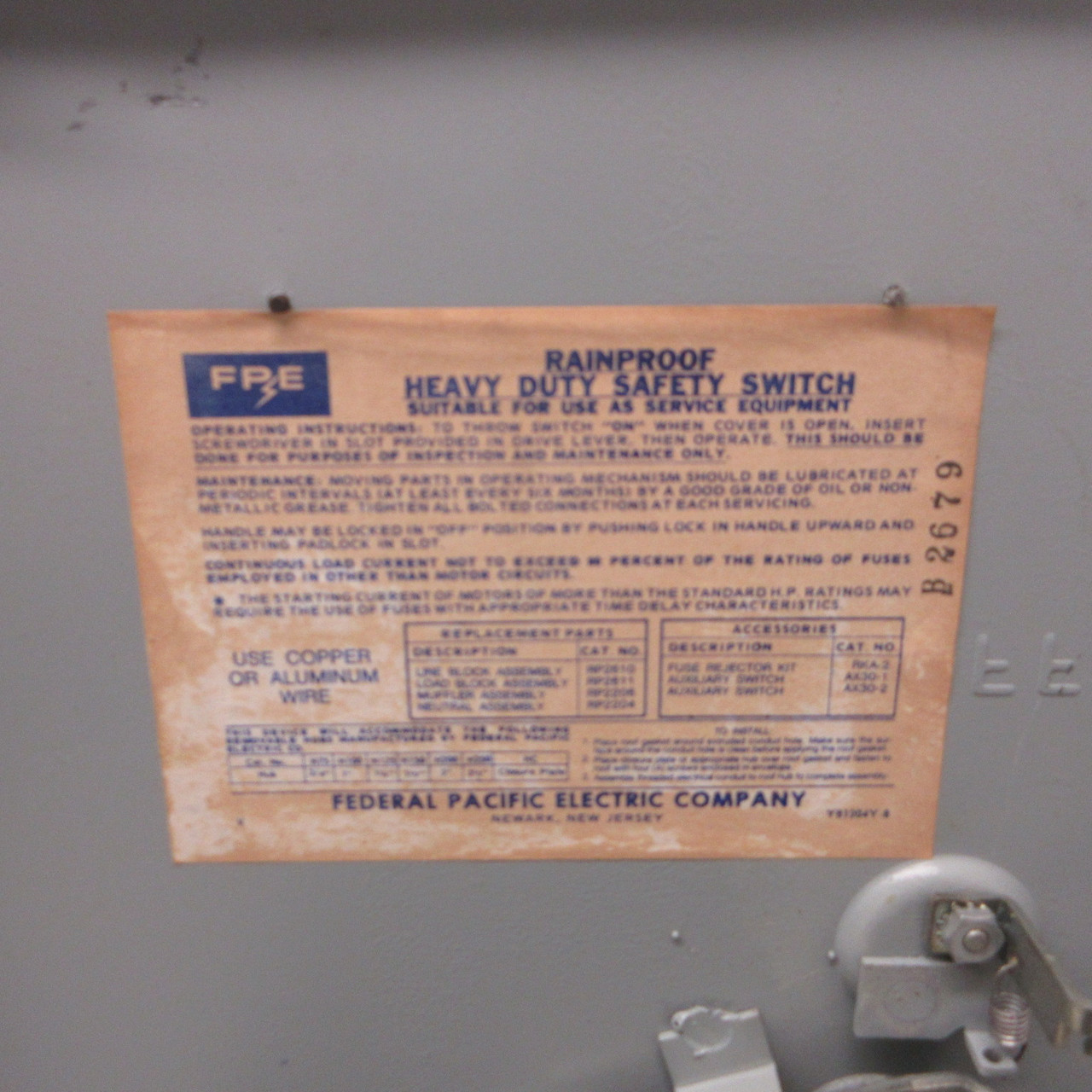 FPE RH1336SNR 30A 600VAC 4W Heavy Duty Fusible Disconnect Switch 30 Amp 600V 3R (AH1776-1)