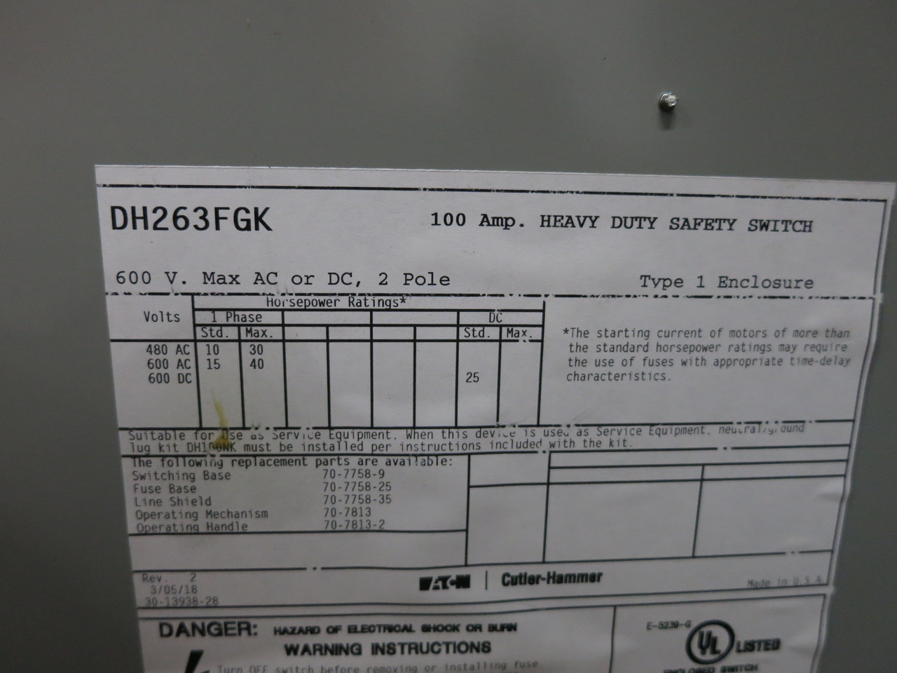 NEW Eaton DH263FGK 100A 600V Fusible Safety Switch Disconnect 100 Amp 480V 2P (DW8780-1)