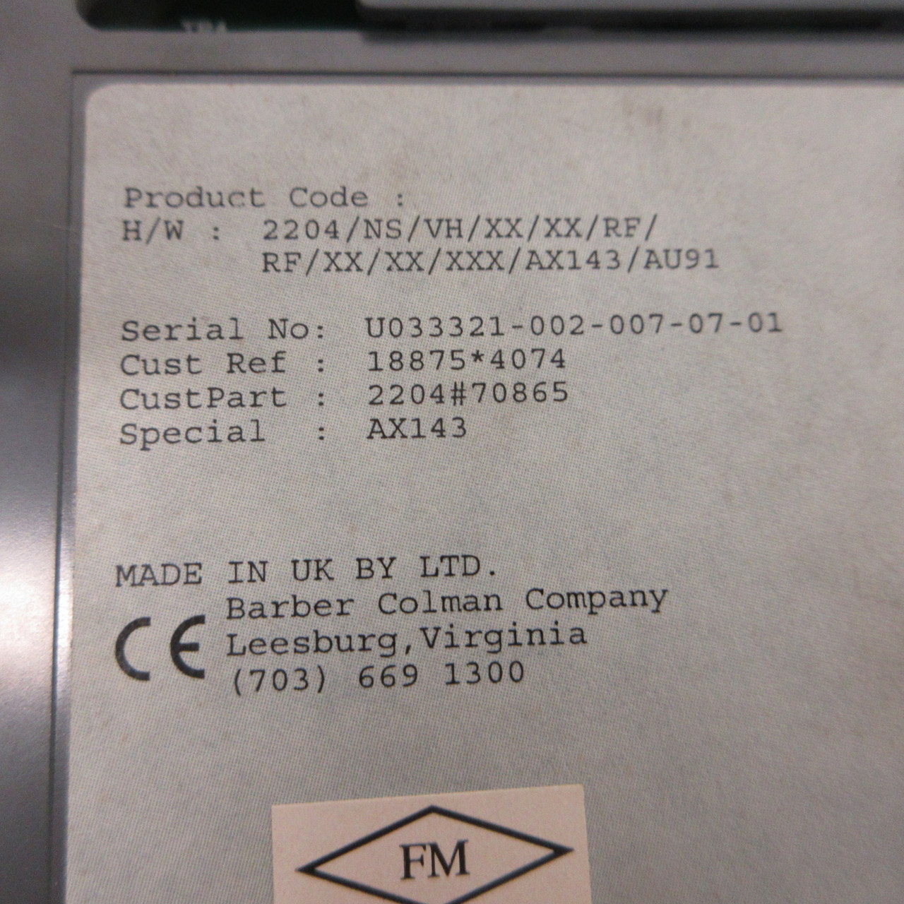 Barber-Colman Temperature Controller 2204/NS/VH/XX/XX/RF/RF/XX/XX/XXX/AX143/AU91 (AH1854-1)