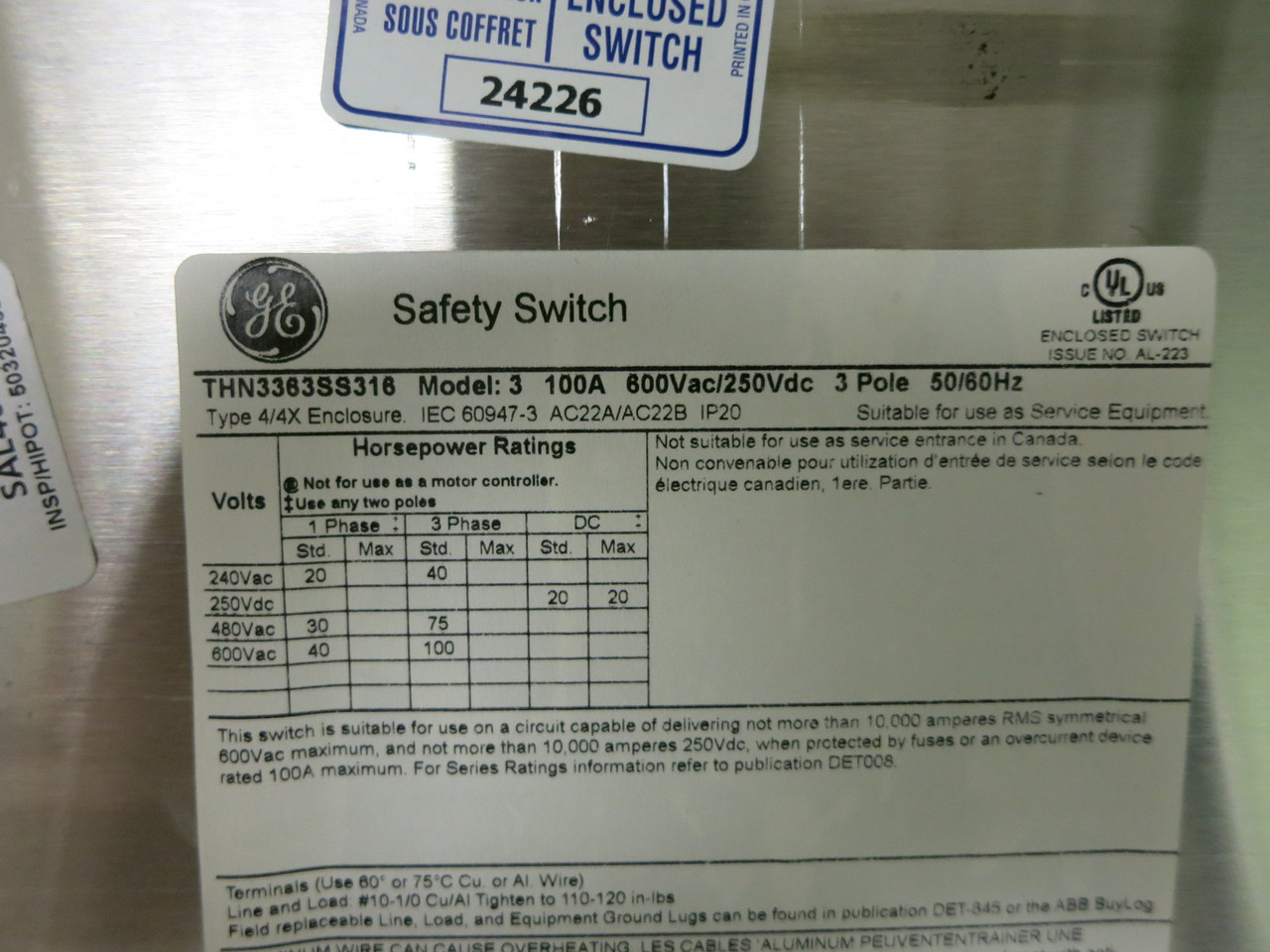 NEW ABB THN3363SS316 100A 600V Non-Fused Safety Switch Disconnect 100 Amp 4, 4X (DW8881-2)
