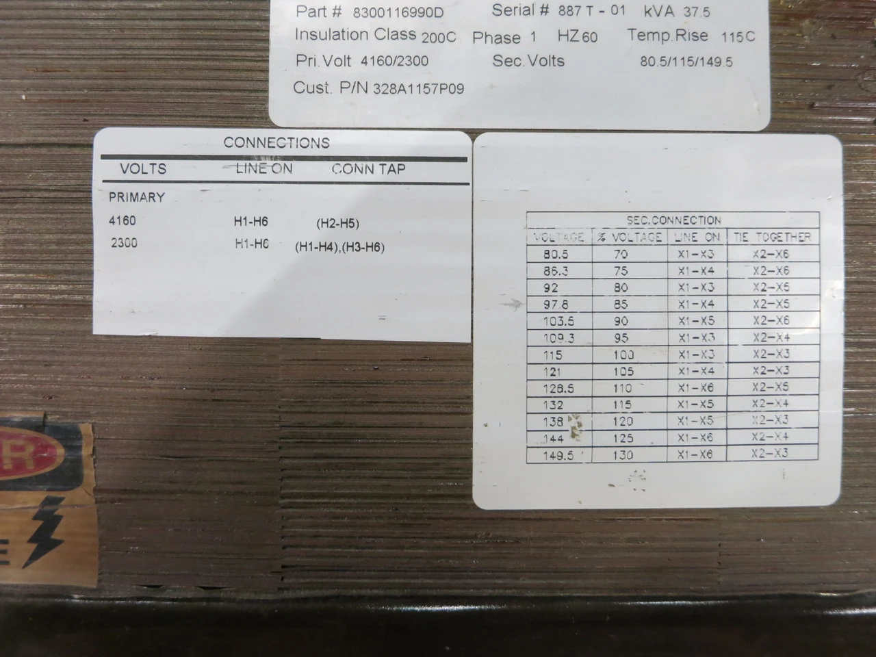 AFP Transformers 37.5 kVA 4160/2300 to 115 V 1PH Control Power 4160V 2300V 115V (DW8971-1)