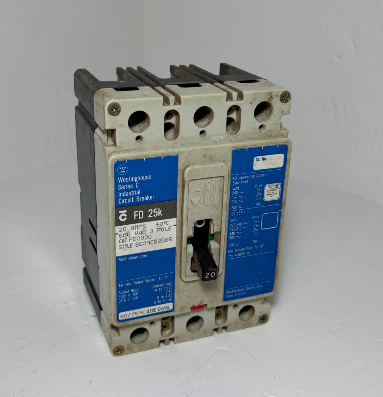 Image of Westinghouse FD3020 20A Circuit Breaker Matte Blue 600V 3P FD 25k FD3020L 20 Amp