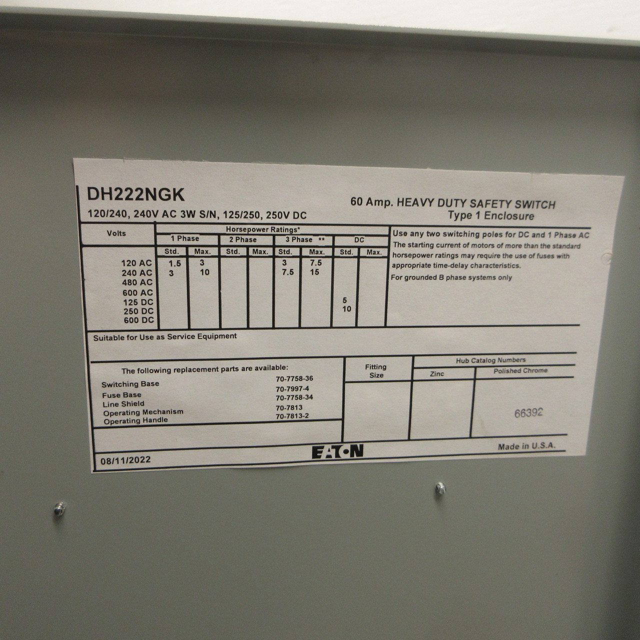 NEW Eaton DH222NGK 60A 240V Fusible Disconnect Switch 2P 3W S/N 30 Amp NIB (AH1920-5)