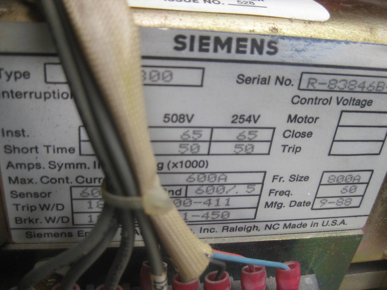 Siemens RLH-800 800A Frame/600A Sensor Breaker 600 A Static Trip III RMSTSGTZ (EBI3892-1)