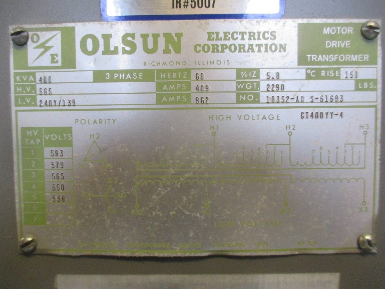 Olsun 400 kVA 565 Delta to 240Y/139 3PH Motor Drive Transformer 18352-AD S-61693 (EBI3159-1)