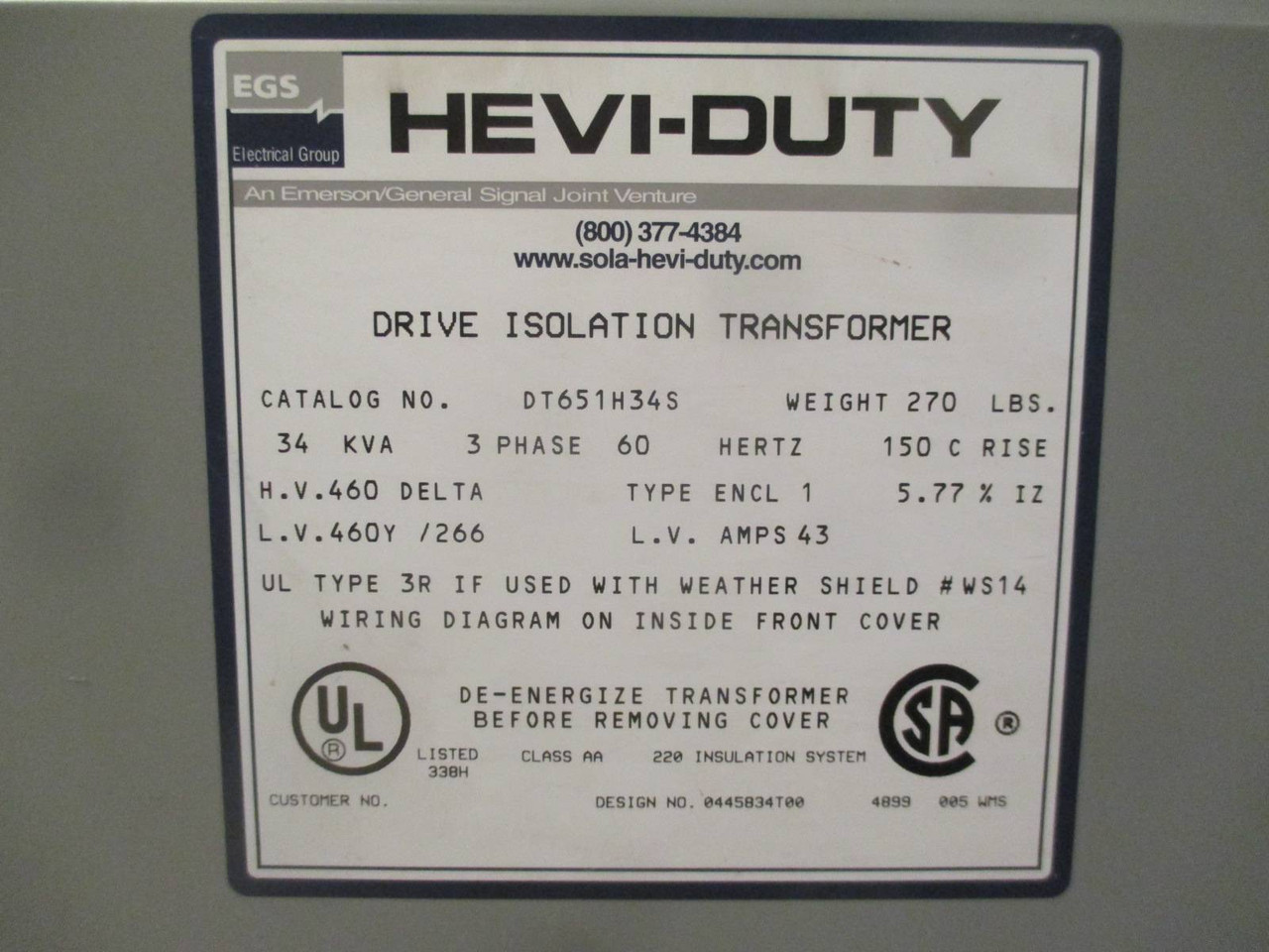 NEW Hevi Duty 34 kVA 460 Delta - 460Y/266 V DT651H34S 3PH Isolation Transformer (EBI2380-5)