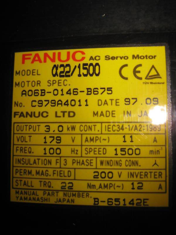 Fanuc A06B-0146-B675 AC Servo Motor A22/1500 3.0 kW 3PH (EBI1322-1)