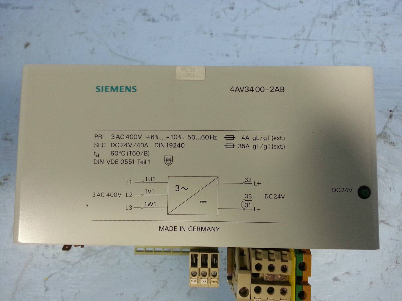 Siemens 4AV3400-2AB DC 24V 3 Ph Transformer 9160036 400 V Type 3VU1300-0MJ00 (EBI3693-1)