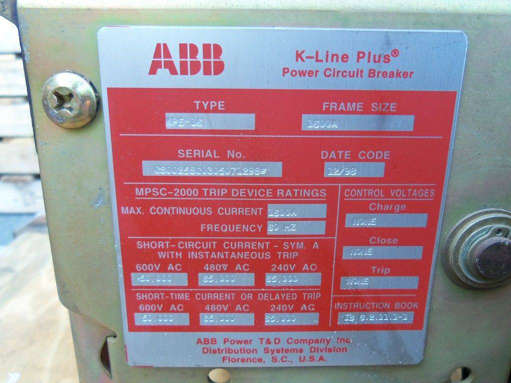 ABB KPE-16 1600A Air Circuit Breaker MPS-C 2000 Trip K-Line 600V KPE16 1600 Amp (EBI0106-8)