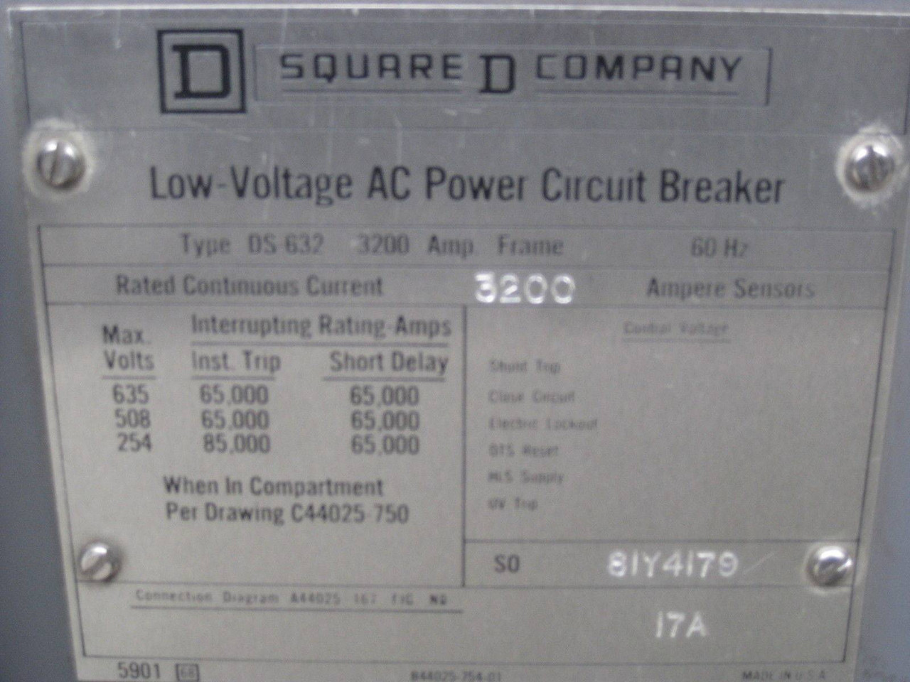 Westinghouse DS-632 3200A Frame/Sensor Breaker Amptector II-A Model TR LSI 3200 (EBI5080-1)