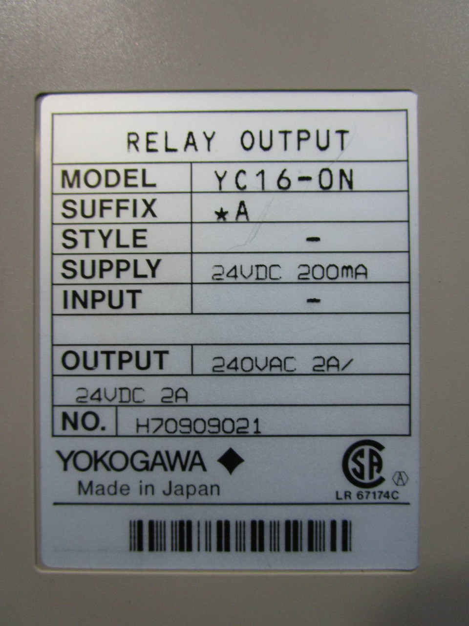 Yokogawa YC16 Relay Output YC16-0N YC160N H70909021 PLC Module YC 16 (EBI5415-1)