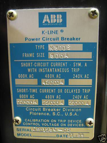 ABB Type K800 S 800A Air Circuit Breaker Solid State LI Functions K800S 800 Amp (EBI0122-4)