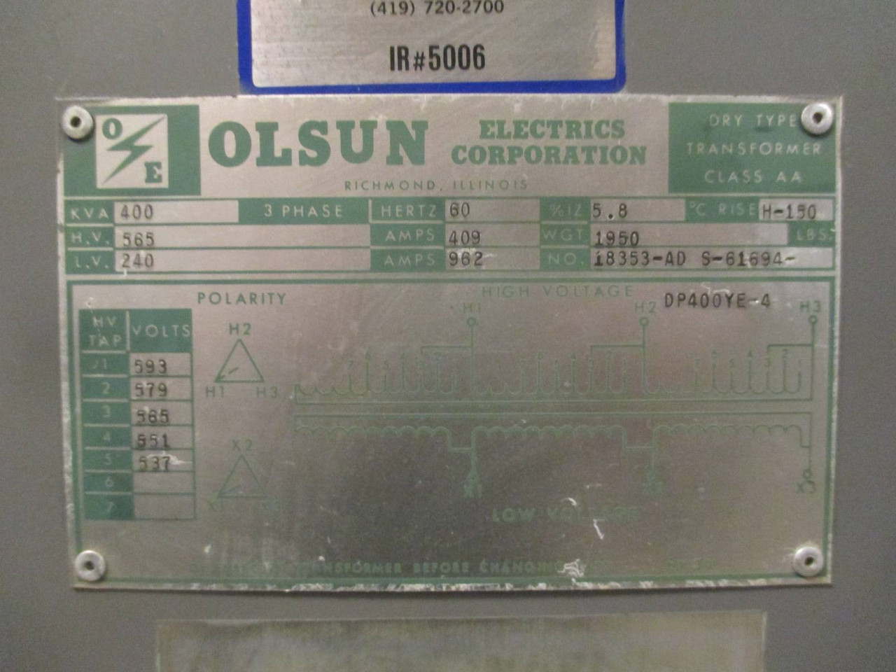 Olsun 400 kVA 565 Delta to 240 Delta 3PH Dry Type Transformer V 18353-AD S-61694 (EBI3158-2)