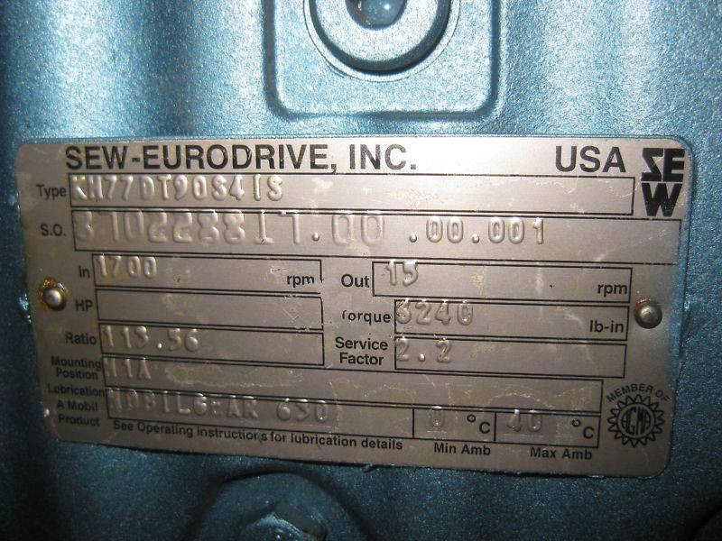 Sew Eurodrive KH77DT90 1.5 HP Ratio:113.56 Gear Reducer (EBI3639-1)