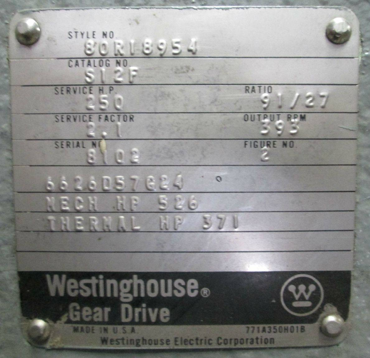 Westinghouse S12F 250 HP 91/27 Ratio 393 RPM 2.1 SF Gear Reducer 80R18954 (EBI3302-1)