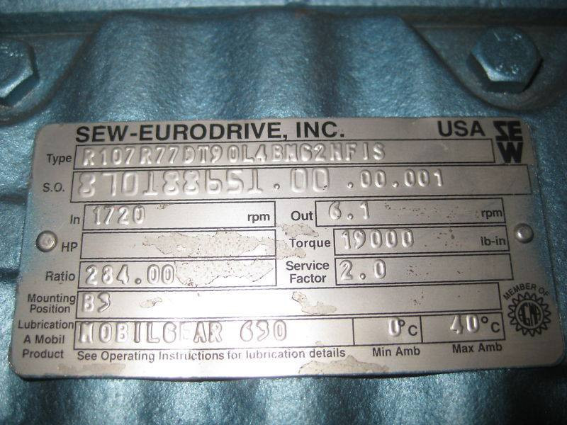 Sew Eurodrive R107R77D 2 HP Ratio:284 Gear Reducer NEW (EBI3644-1)