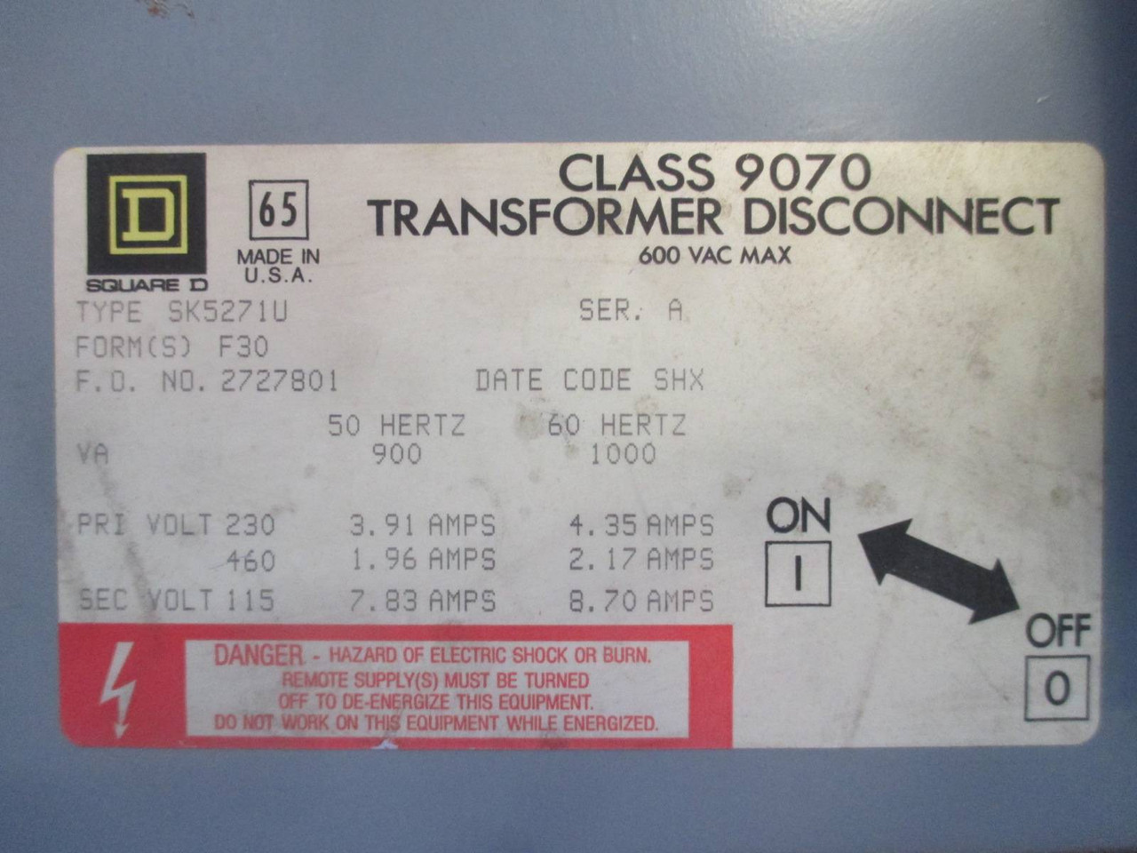 Square D SK5271U Class 9070 Transformer Disconnect Switch SK5271 U 1000 VA 60 Hz (EBI4119-2)