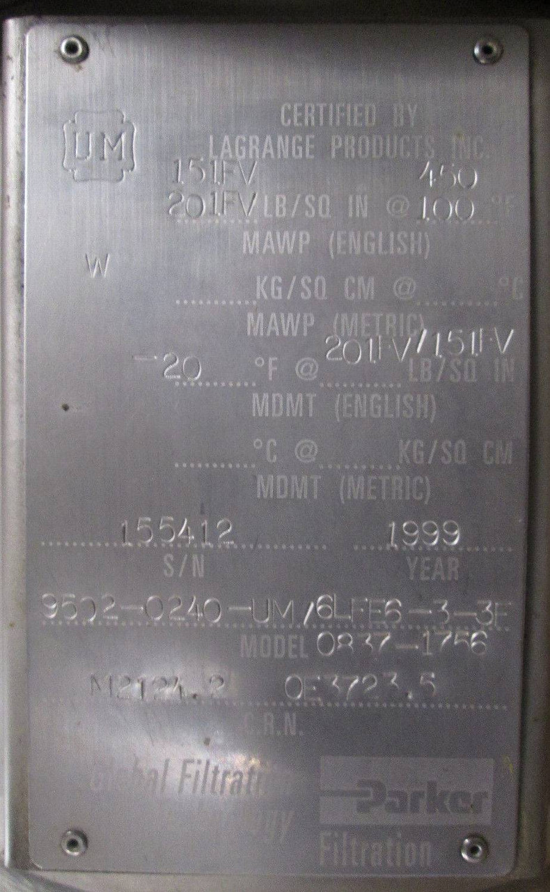 Parker 201FV PSI 3" I/O 316L SS Filter Pot Stainless Steel Cartridge Vessel Bag (EBI3262-2)