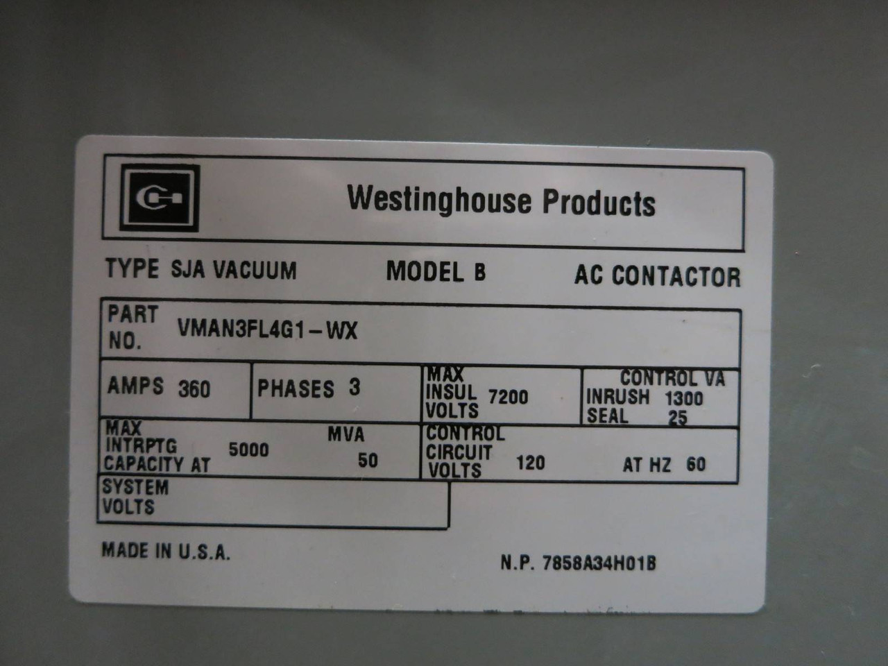 Westinghouse VMAN3FL4G1-WX 360A 7200V SJA B Vacuum AC Contactor Cutler Hammer (PM0042-2)