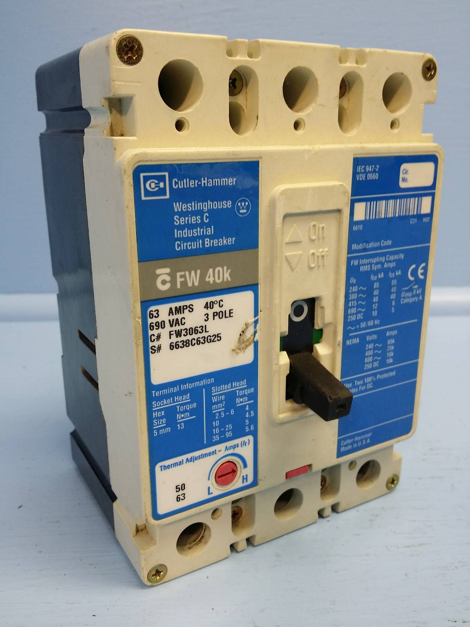 Image of Cutler Hammer FW3063L 63 Amp 50-63A Breaker 690V Glossy FW3063 63A Westinghouse