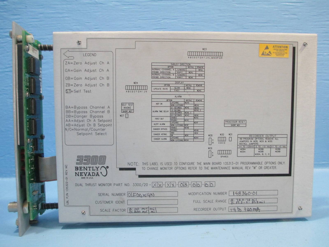 Bently Nevada 3300/20-XX-XX-03-00-00 Dual Thrust Monitor 330020 75 mils 200 mV (NP0023-6)