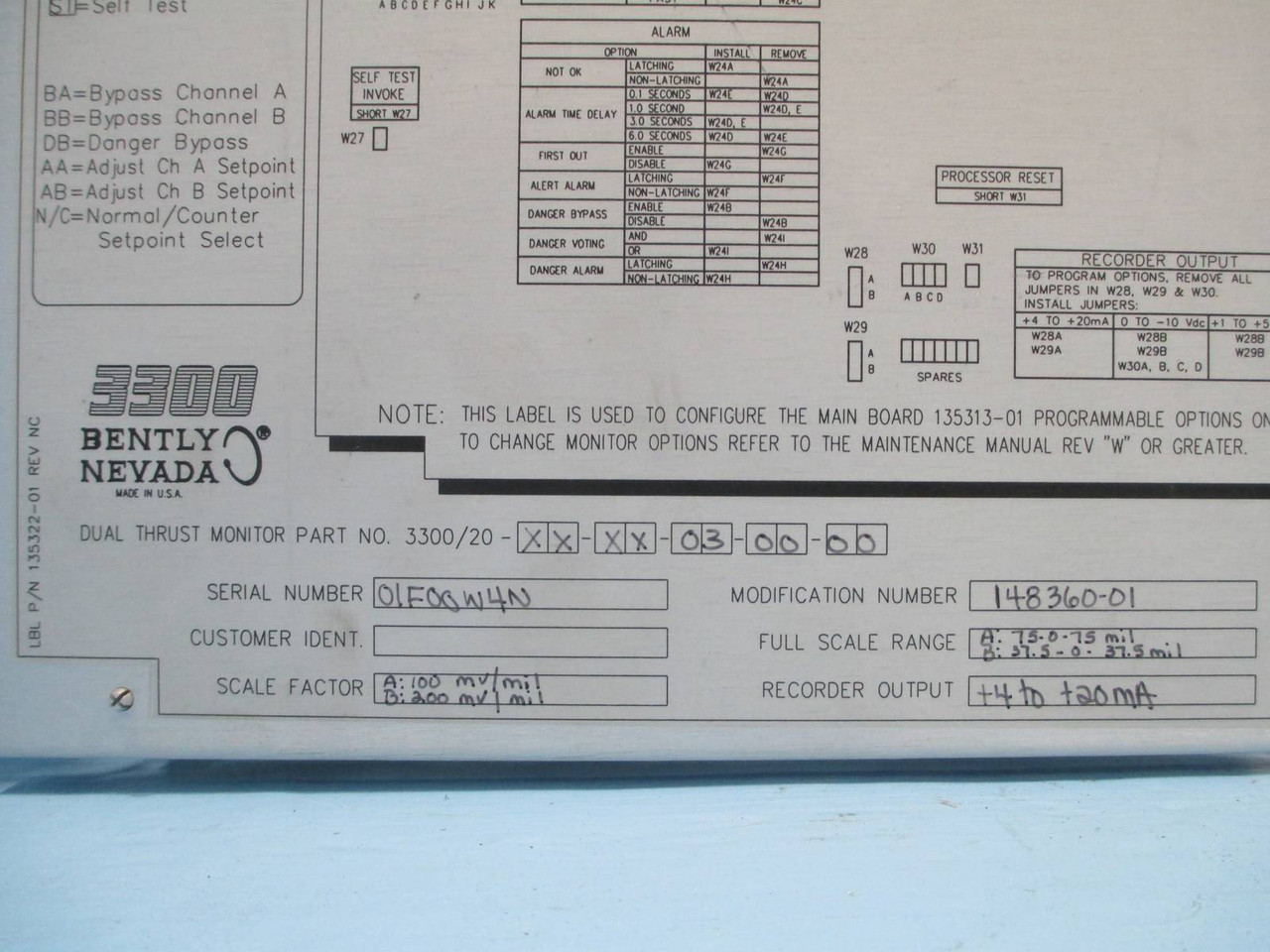 Bently Nevada 3300/20-XX-XX-03-00-00 Dual Thrust Monitor 330020 75 mils 200 mV (NP0023-6)