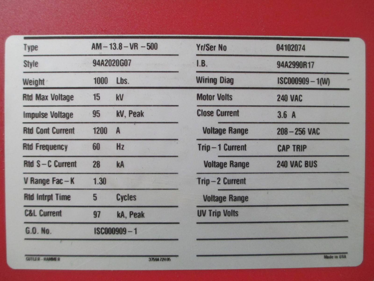 Cutler Hammer VCP-WR 1200 Amp 15kV Vacuum Circuit Breaker AM-13.8-VR-500 240V 5 (NP0061-1)
