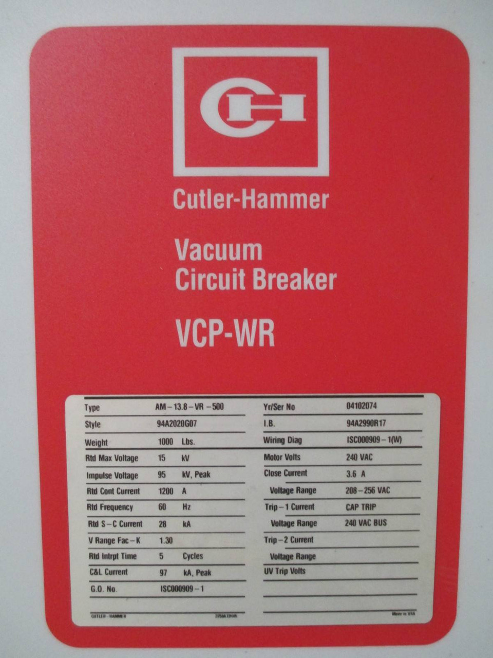 Cutler Hammer VCP-WR 1200 Amp 15kV Vacuum Circuit Breaker AM-13.8-VR-500 240V 5 (NP0061-1)