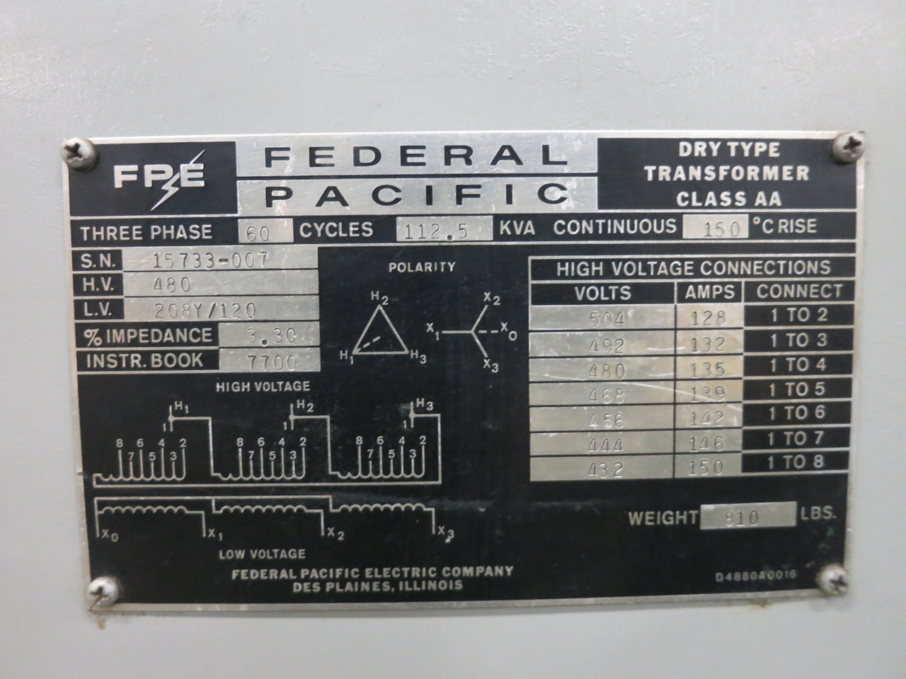 FPE 112.5 kVA 480 Delta to 208Y / 120 Volts 3 Phase Dry Type Transformer 208 Y V (PM0129-1)