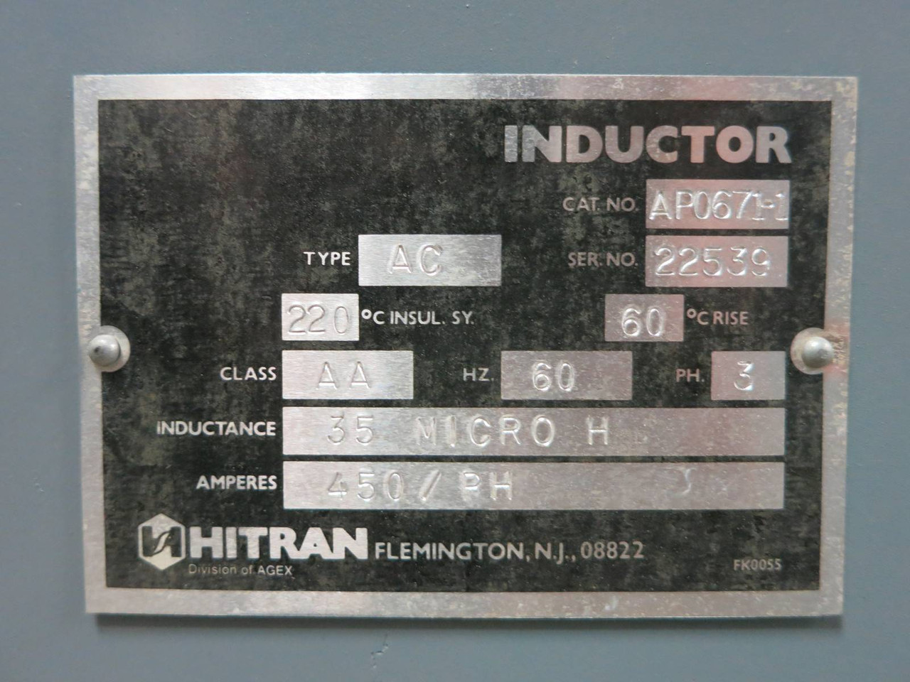 Hitran AP0671-1 Type:AC Class:AA 35 Micro H Inductor 450/PH Amperes Transformer (PM0136-1)