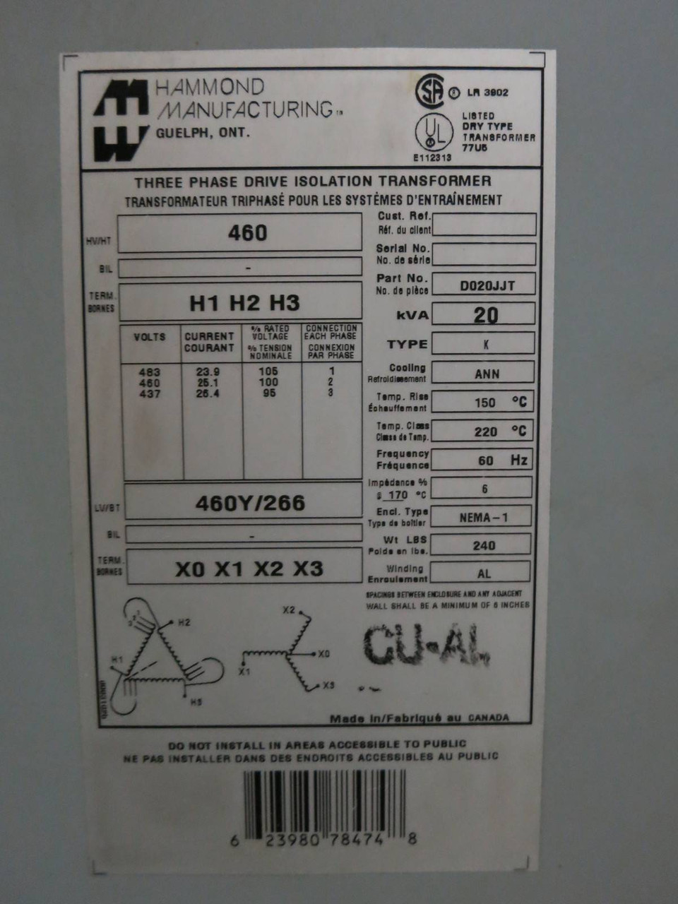 Hammond 20 KVA 460 to 460Y/265 3PH Isolation Transformer D020JJT Allen Bradley (PM0169-1)