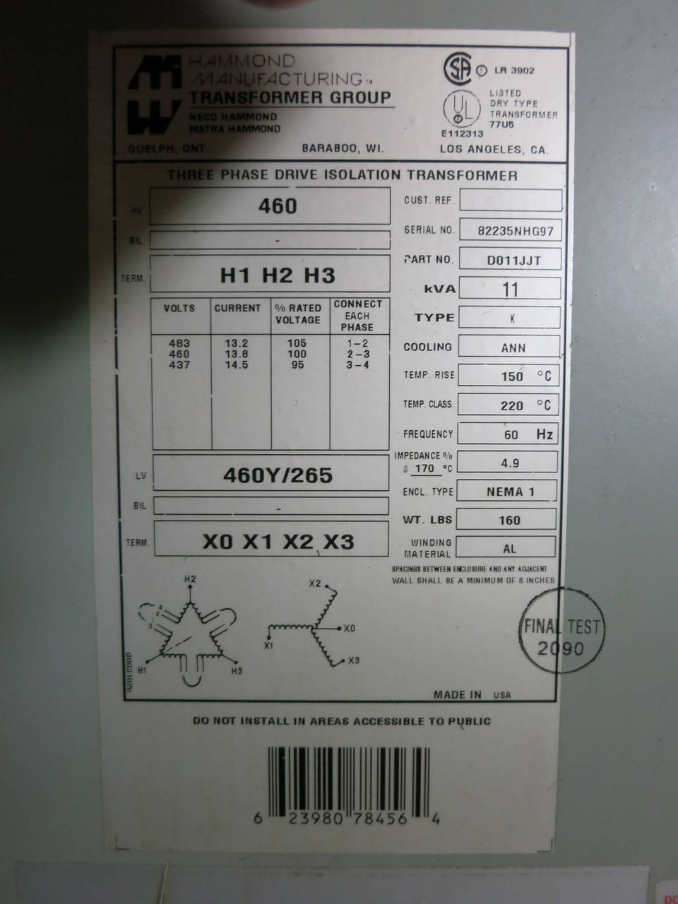 Hammond 11 KVA 460 to 460Y/265 3PH Isolation Transformer D011JJT Allen Bradley (PM0173-1)