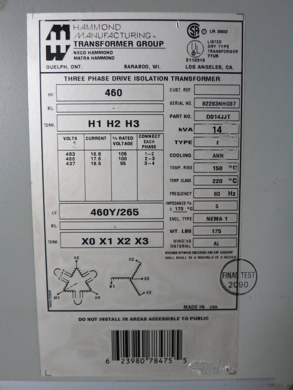Hammond 14 KVA 460 to 460Y/265 3PH Isolation Transformer D014JJT Allen Bradley (PM0171-4)