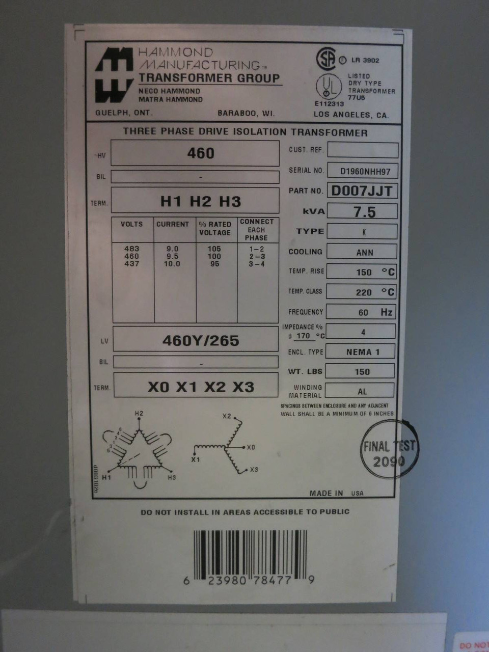 Hammond 7.5 KVA 460 to 460Y/265 3PH Isolation Transformer D007JJT Allen Bradley (PM0172-5)