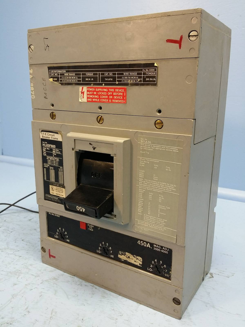 Siemens HL63F600 600A Circuit Breaker w/ 450 Amp Trip & Shunt 600V HL6 ITE (EM0209-1)