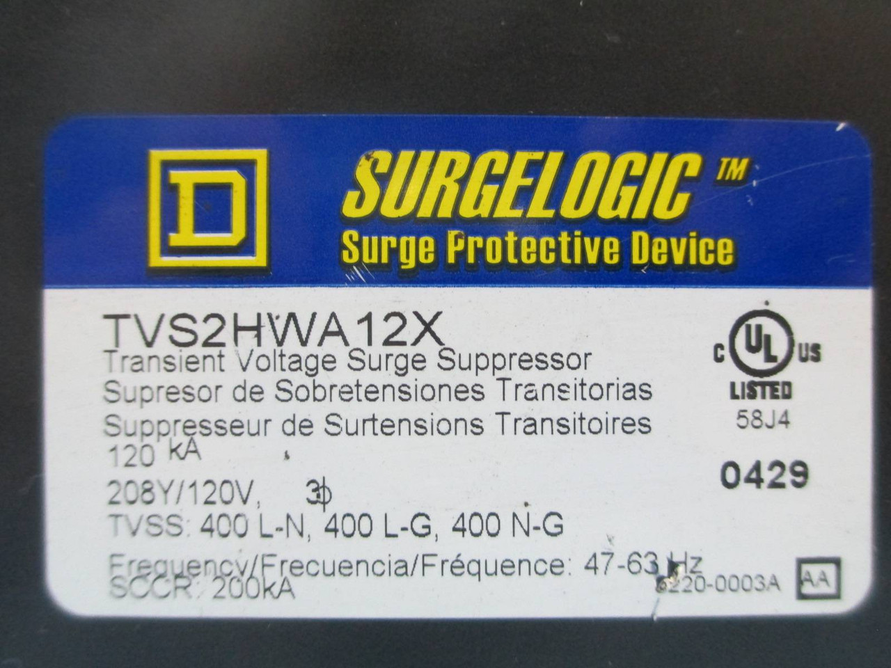 Square D SurgeLogic TVS2WA12X Transient Voltage Surge Suppressor 120 kA 208Y/120 (NP0171-1)