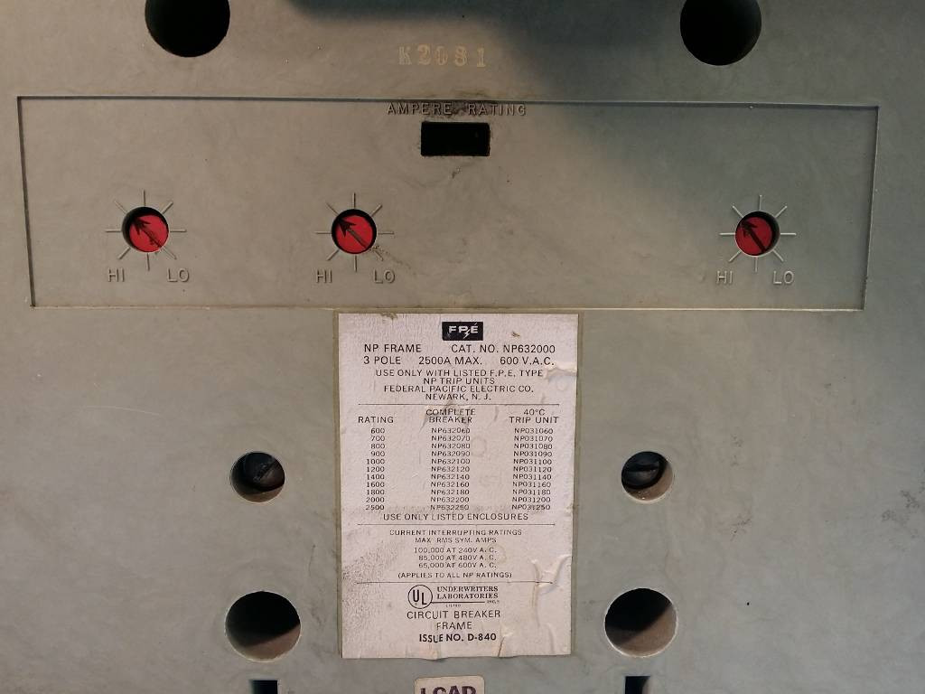FPE Federal Pacific NP632000 2500 Amp Breaker w/ 800 A Trip NP031080 NP Frame (EM0243-2)