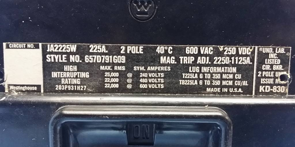 Westinghouse JA2225W 225 Amp 2 Pole Circuit Breaker CH Cutler Hammer JA2225 JA (EM0247-2)