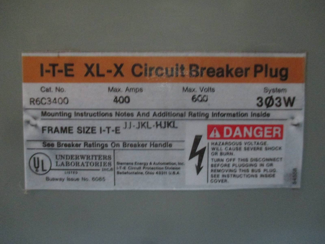 ITE R6C3400 400A 600V 3PH 3W XL-X Breaker Bus Plug Busway RJC3400 Gould 400 Amp (PM0385-2)