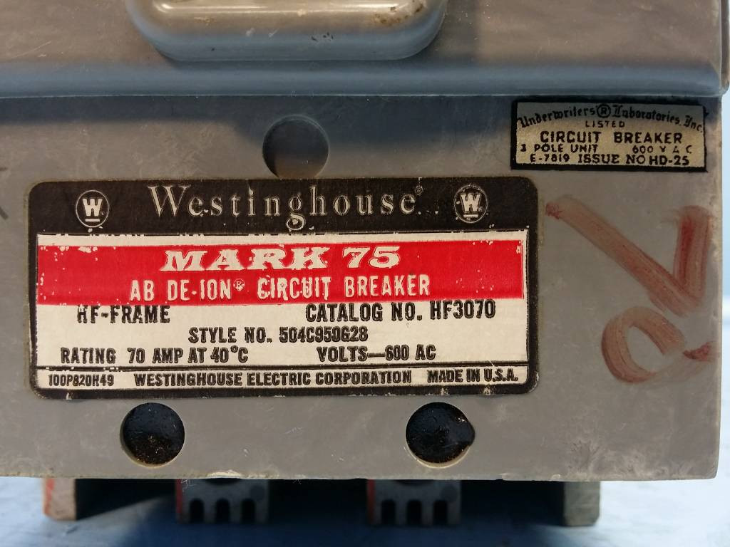 Westinghouse HF3070 70 Amp De-Ion Circuit Breaker Mark 75 Cutler Hammer 70A flaw (EM0270-1)