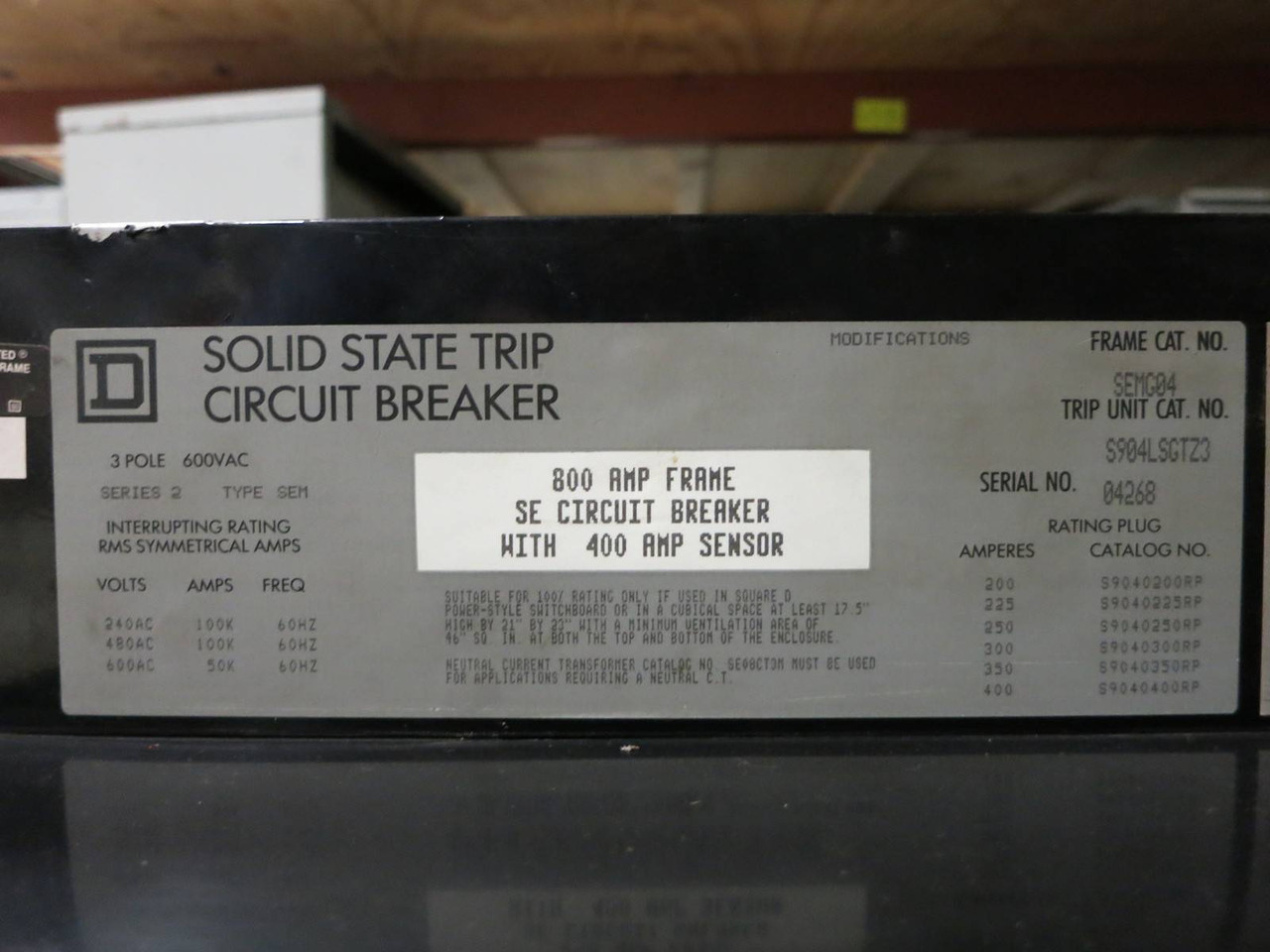 Square D SEMG04 LSG SS Trip 800A Frame 400A Sensor w 300A RP Breaker SED36400 SE (PM0445-3)