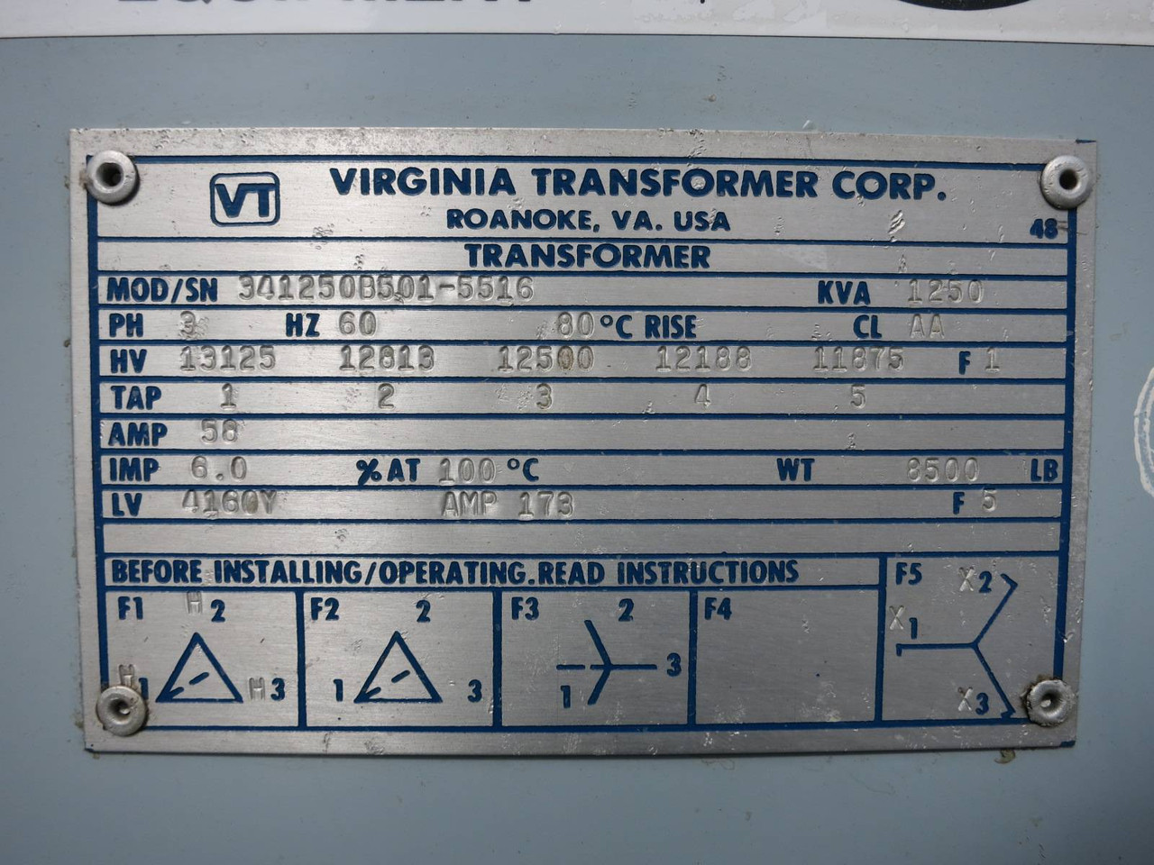 Virginia 1250 kVA 13125-11875 Delta - 4160Y 341250B501 Transformer 12470 1250kVA (PM0527-1)